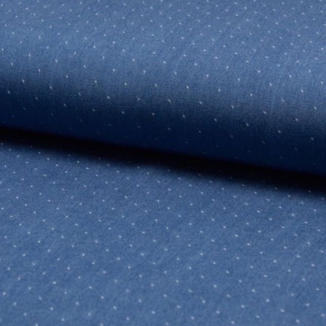 Tissu Chambray Tencel Bleu jean clair Pois Blancs - Par 10 cm