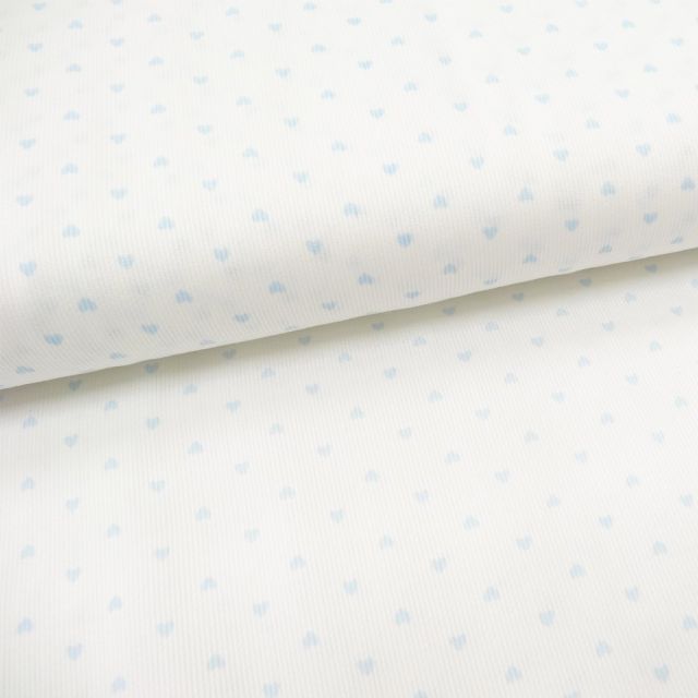 Tissu Piqué de coton Blanc Coeurs Bleu ciel 3 mm - Par 10 cm