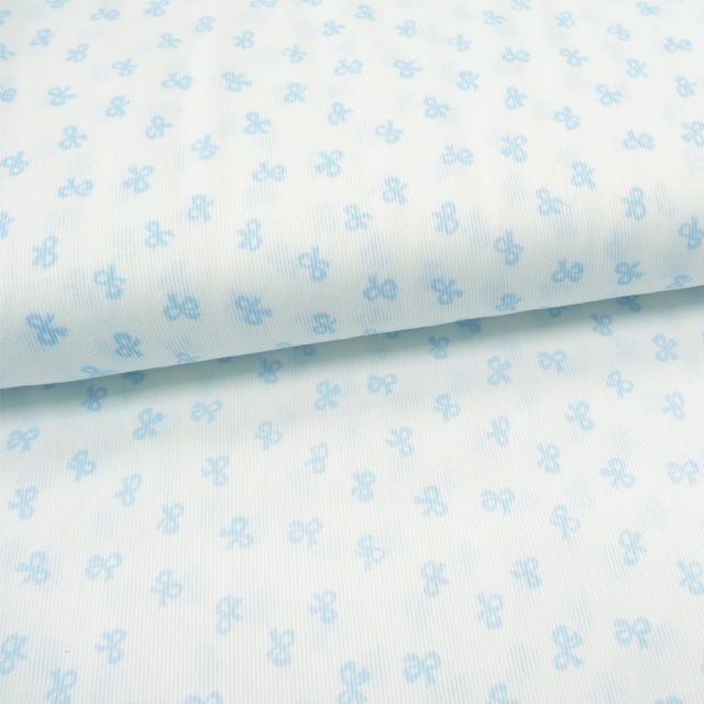 Tissu Piqué de coton Blanc Noeuds Bleu ciel 10 mm - Par 10 cm