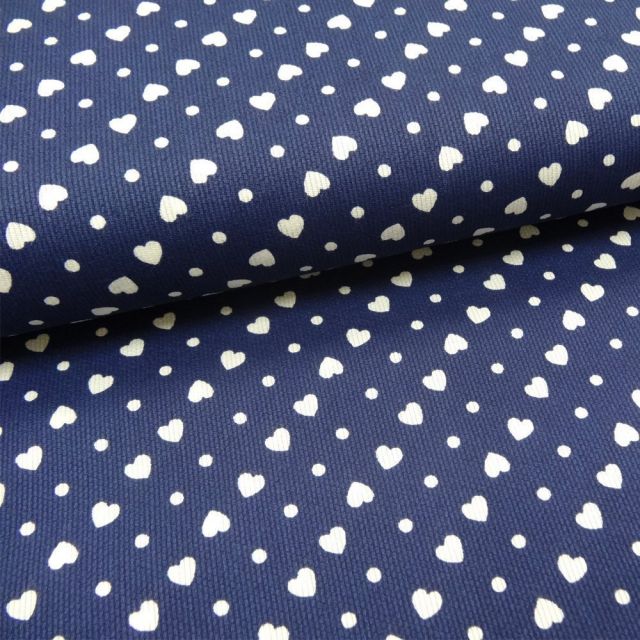 Tissu Piqué de coton Bleu marine Coeurs Blancs 6 mm - Par 10 cm