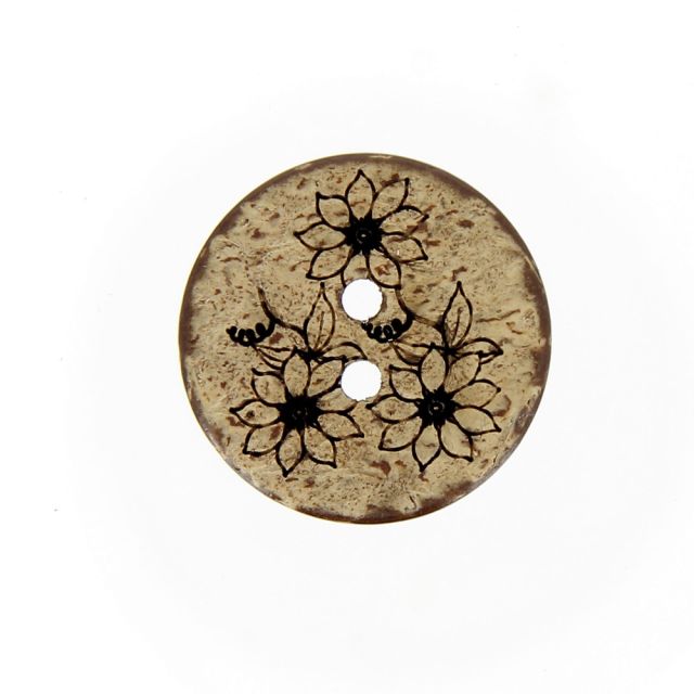 Bouton coco gravé fleur - 22 mm