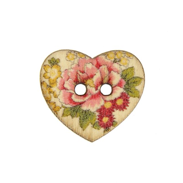 Bouton Cœur en bois 25 mm - Bouquet de fleur