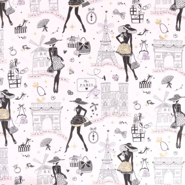 Tissu Coton imprimé Arty Moi Paris Noir, doré et rose sur fond Ecru - Par 10 cm