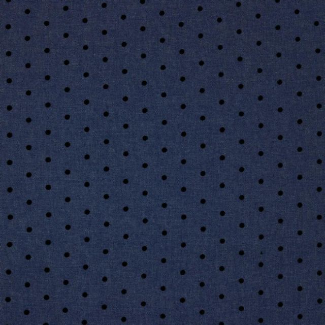 Tissu Chambray Coton imprimé Carolina sur fond Bleu denim