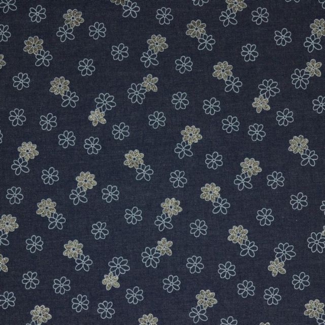 Tissu Chambray Coton imprimé Catalina sur fond Bleu foncé