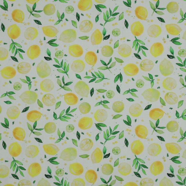 Tissu Popeline de Coton imprimé citrons jaunes sur fond Blanc