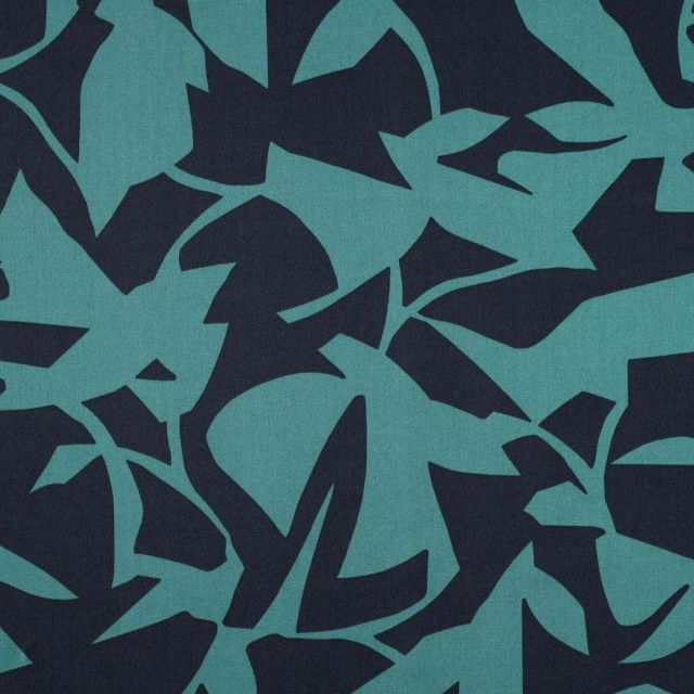 Tissu Coton Satiné léger motifs abstraits bleu canard sur fond Bleu marine