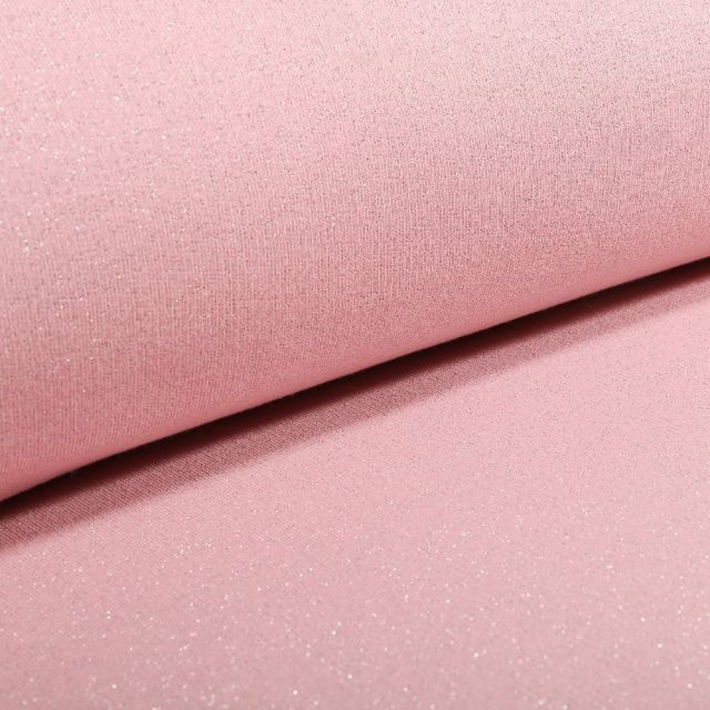 Tissu Sweat Paillettes argentées sur fond Rose clair - Par 10 cm