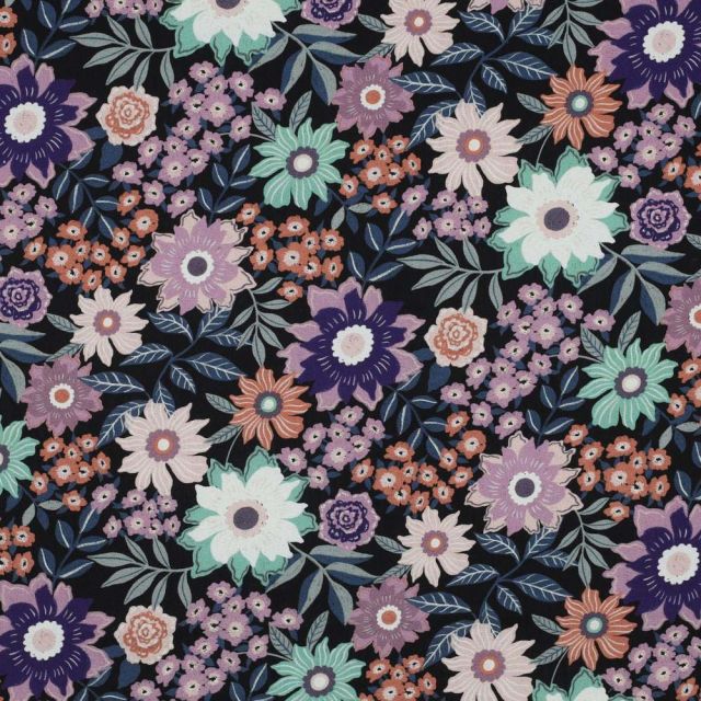 Tissu Popeline de Coton digital Poppy Flowers sur fond Noir