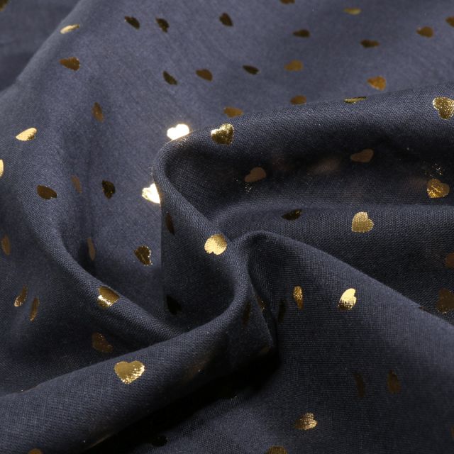 Tissu Voile de Coton Mini coeurs dorés sur fond Bleu marine