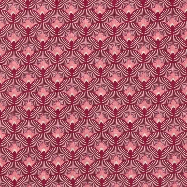 Tissu Toile de Coton Eventails Ecrus sur fond Prune - Par 10 cm