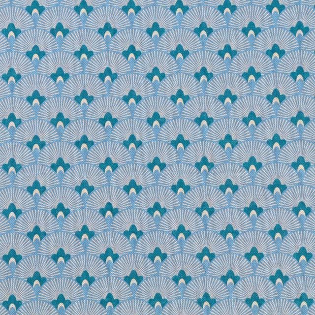 Tissu Toile de Coton Eventails Ecrus sur fond Bleu - Par 10 cm