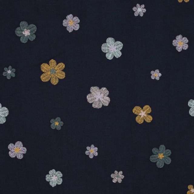 Tissu Voile de coton brodé Petites fleurs sur fond Bleu marine
