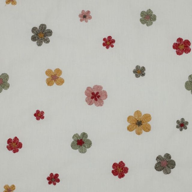 Tissu Voile de coton brodé Petites fleurs sur fond Blanc