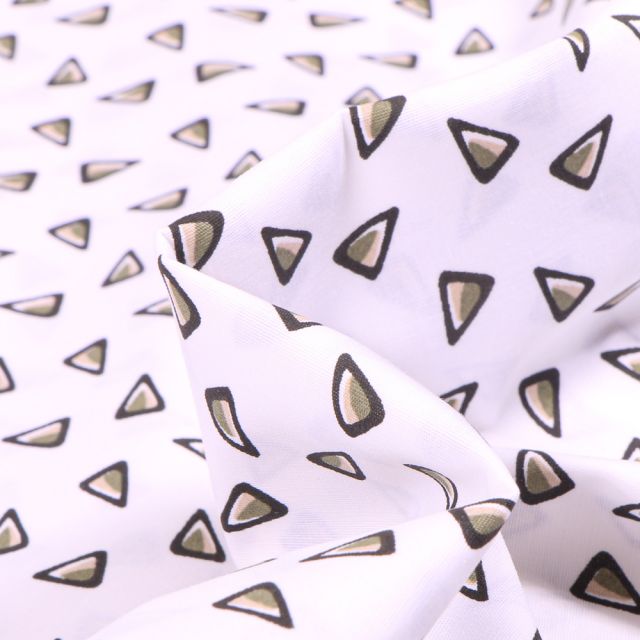 Tissu Coton imprimé extensible Triangles kaki sur fond Blanc