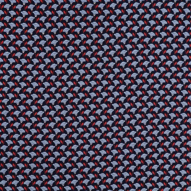 Tissu Satin imprimé Pearl Peach by Penelope Fleurs géométriques stylisées Bleues, roses et paillettes or sur fond Bleu marine - Par 10 cm