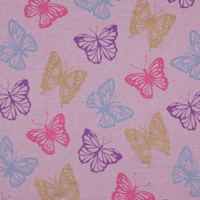 Tissu Jersey Coton Papillon Glitter sur fond Parme
