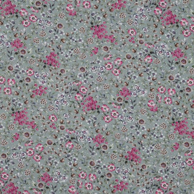 Tissu Popeline de Coton Poppy Floral rosé sur fond Vert amande