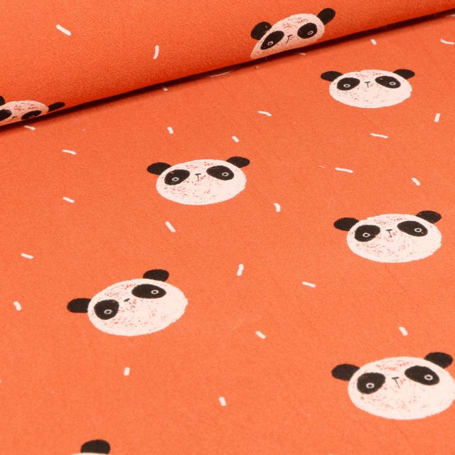 Tissu Coton lavé Têtes de Pandas sur fond Orange