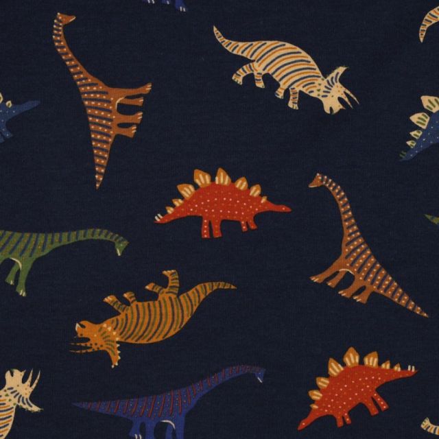 Tissu Jersey Coton Dinoso sur fond Bleu marine