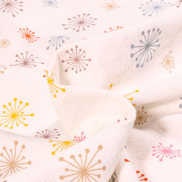 Tissu Coton Lavé Pissenlits multicolores sur fond Blanc
