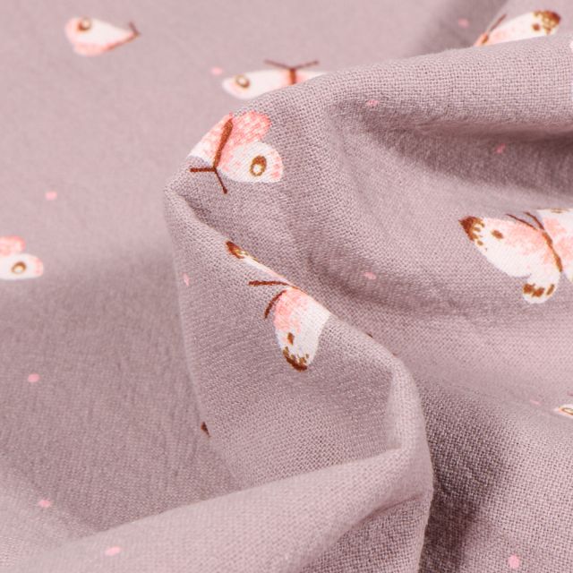 Tissu Coton lavé Papillons colorés sur fond Gris