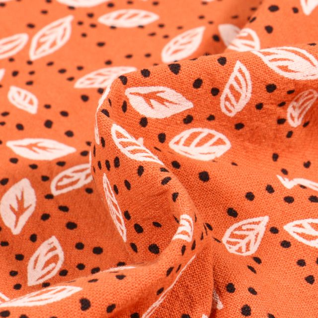 Tissu Coton lavé Feuilles et pois sur fond Orange