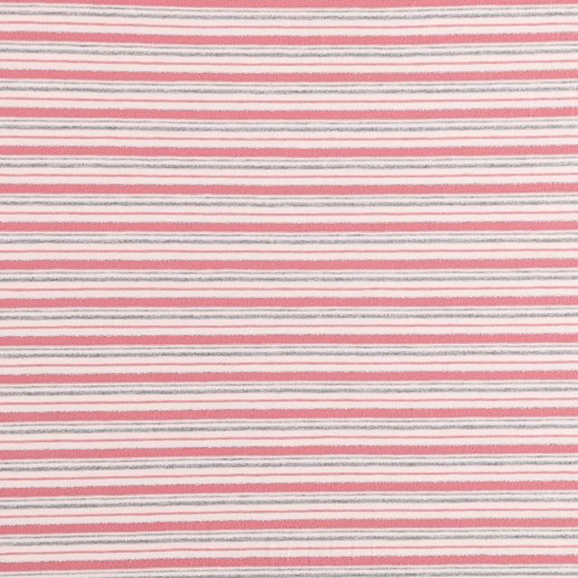 Tissu Jersey Coton Lurex Rayures roses et grises sur fond Ecru - Par 10 cm