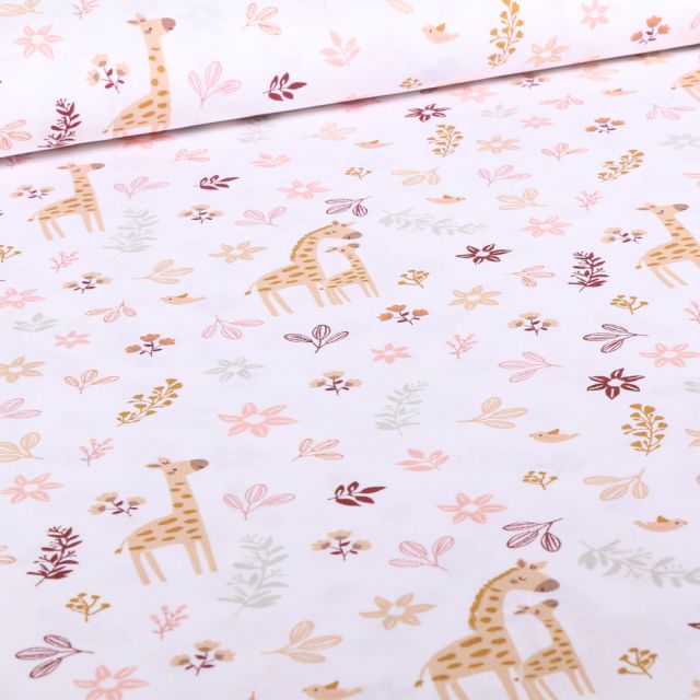 Tissu Coton imprimé Bio LittleBird Girafes Love sur fond Blanc