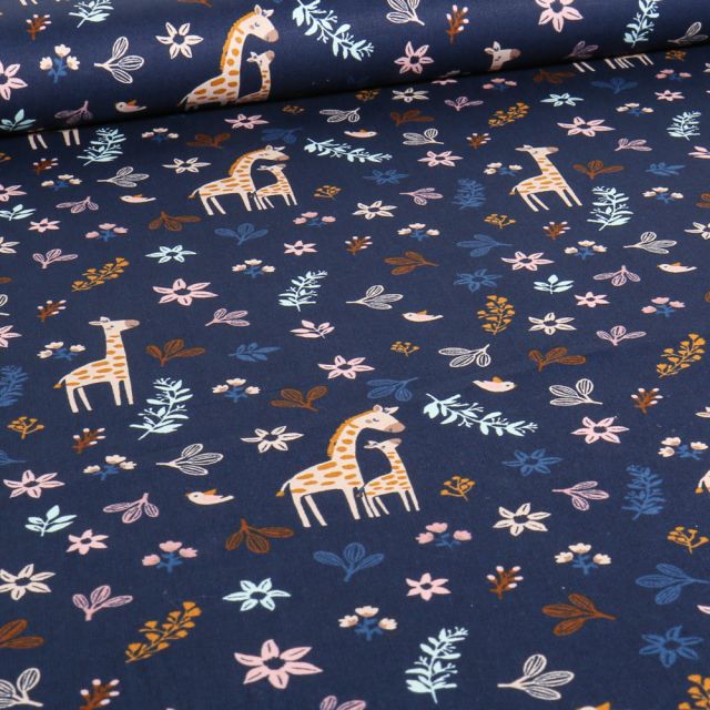 Tissu Coton imprimé Bio LittleBird Girafes Love sur fond Bleu marine