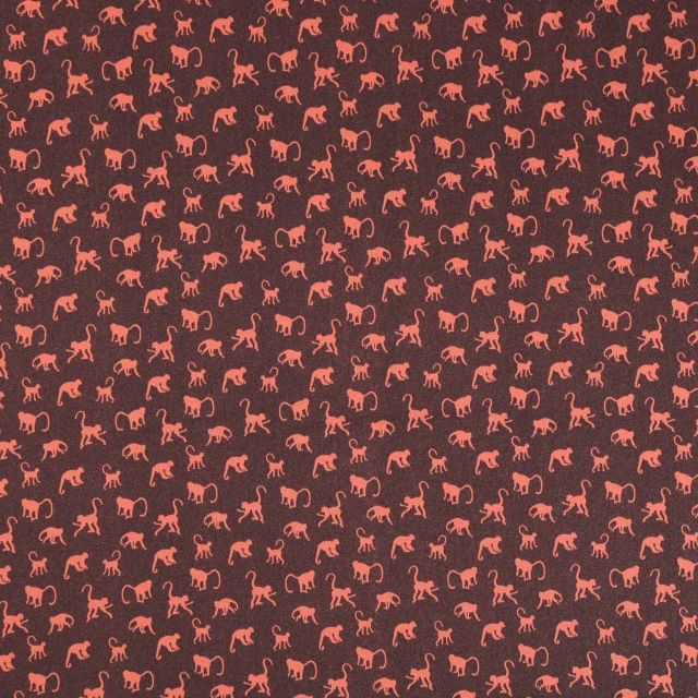 Tissu Satin imprimé Singes oranges sur fond Marron - Par 10 cm