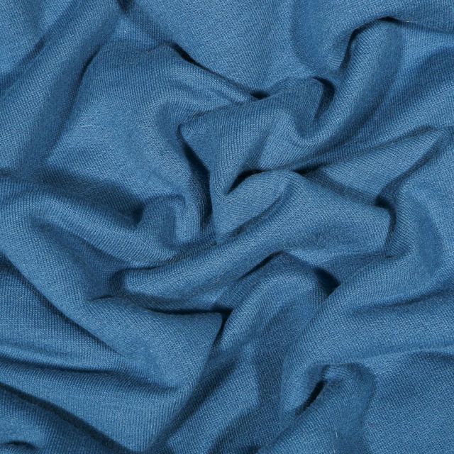Tissu Jersey Coton envers molletonné uni Bio Bleu denim - Par 10 cm