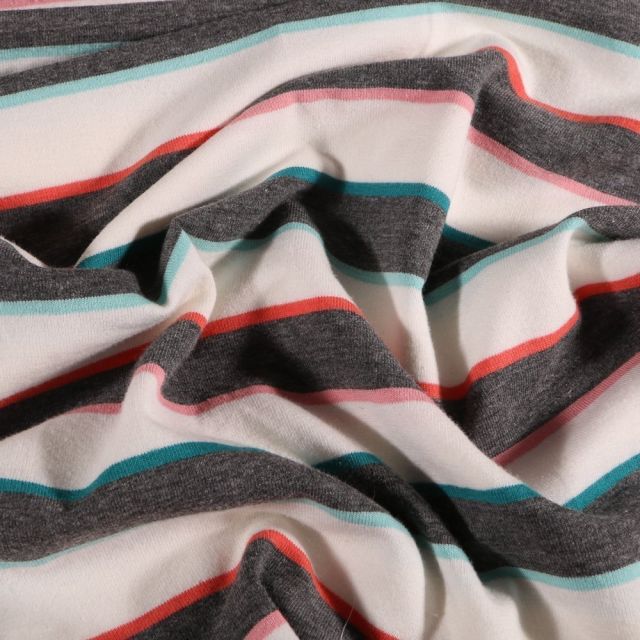 Tissu Jersey coton Rayures colorés sur fond Gris foncé chiné - Par 10 cm