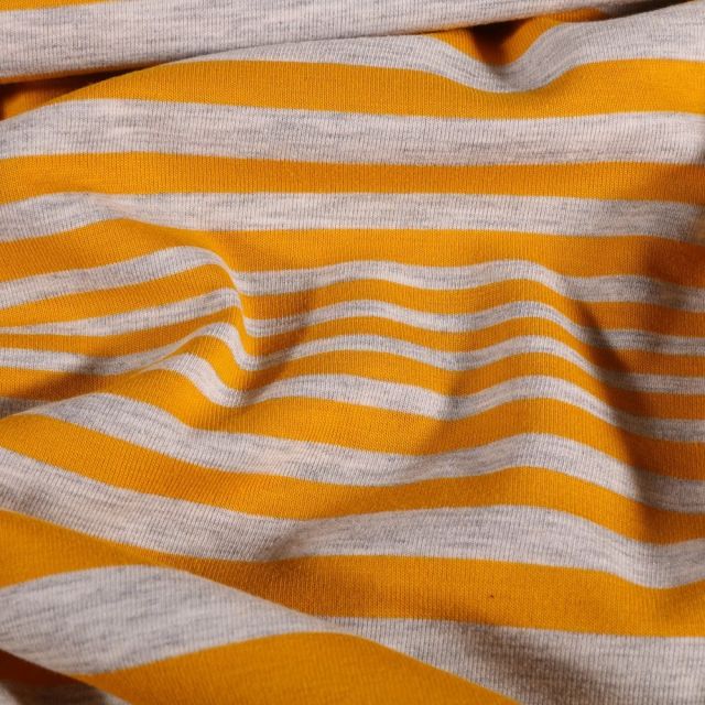 Tissu Jersey coton Rayures jaunes sur fond Gris chiné - Par 10 cm