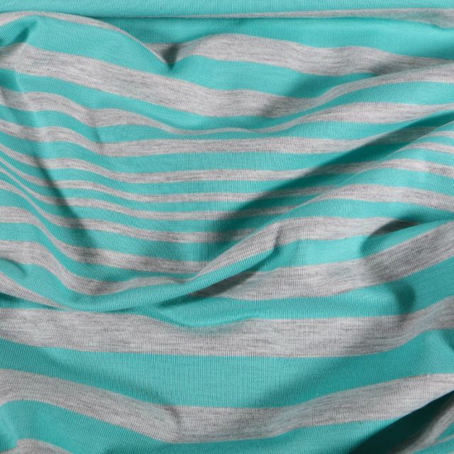 Tissu Jersey coton Rayures Turquoise sur fond Gris chiné - Par 10 cm