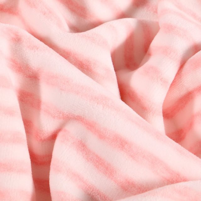 Tissu Jersey Velours Coton Rayures rose sur fond Blanc - Par 10 cm