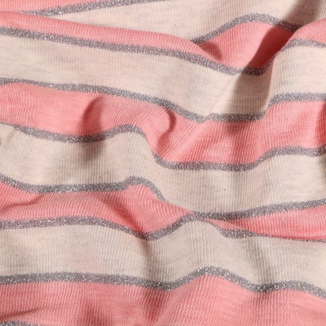 Tissu Jersey Coton Rayures roses et lurex sur fond Gris clair chiné - Par 10 cm