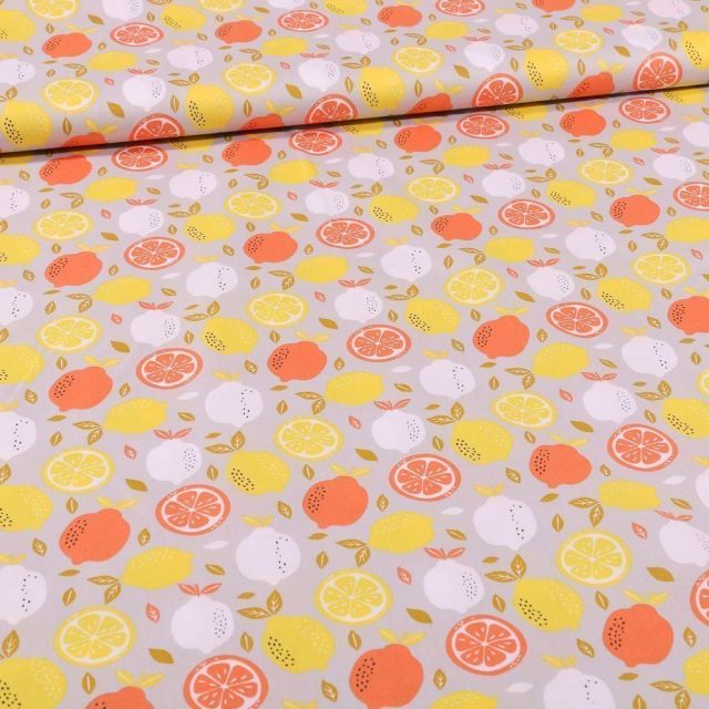 Tissu Coton imprimé Lemon sur fond Gris - Par 10 cm