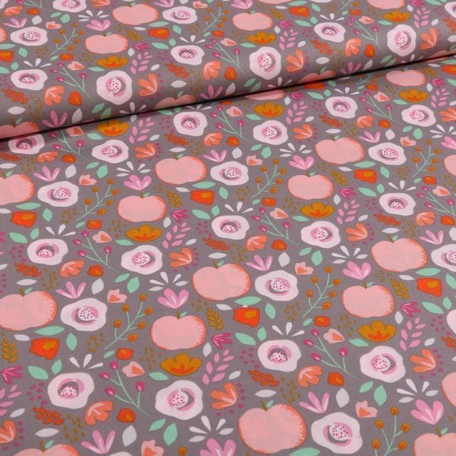 Tissu Coton imprimé LittleBird Pommes et fleurs seventies sur fond Gris - Par 10 cm