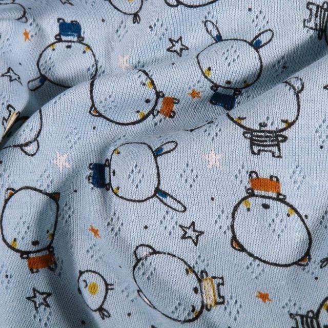 Tissu Jersey ajouré Petits oursons et lapins sur fond Bleu - Par 10 cm