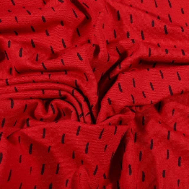 Tissu Jersey Coton Bio Pointillés noirs sur fond Rouge griotte - Par 10 cm