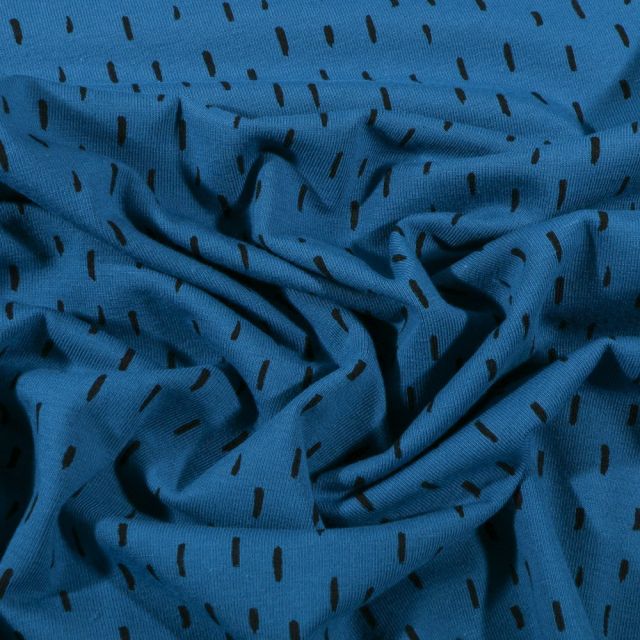 Tissu Jersey Coton Bio Pointillés noirs sur fond Bleu pétrole - Par 10 cm