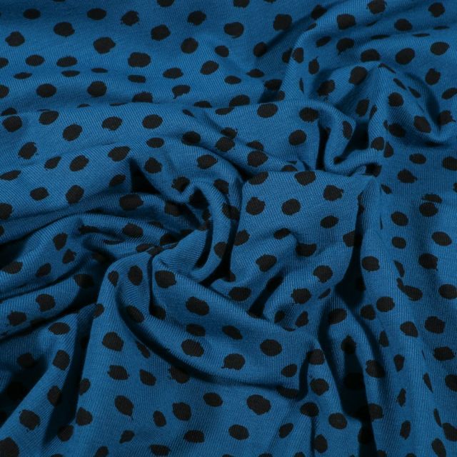 Tissu Jersey Coton Bio Pois déstructurés noirs sur fond Bleu pétrole - Par 10 cm