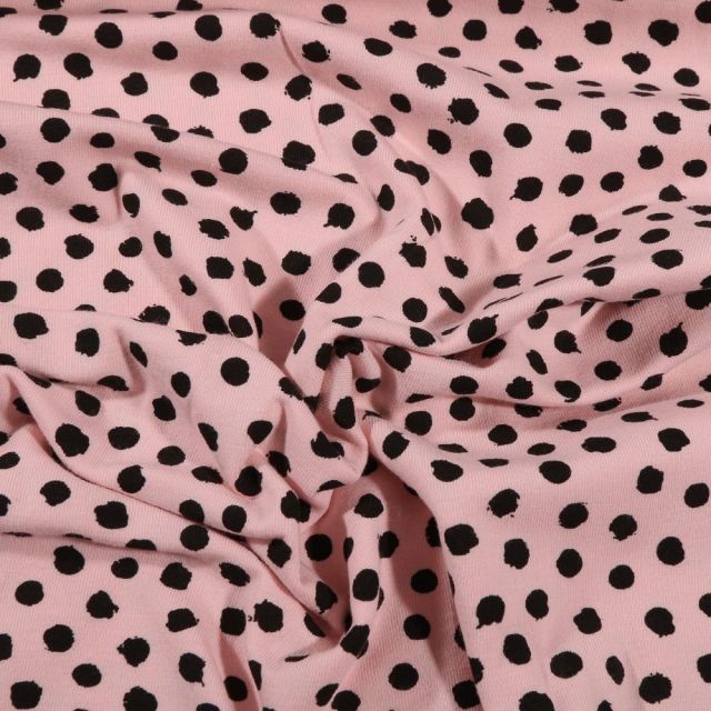 Tissu Jersey Coton Bio Pois déstructurés noirs sur fond Rose pastel - Par 10 cm