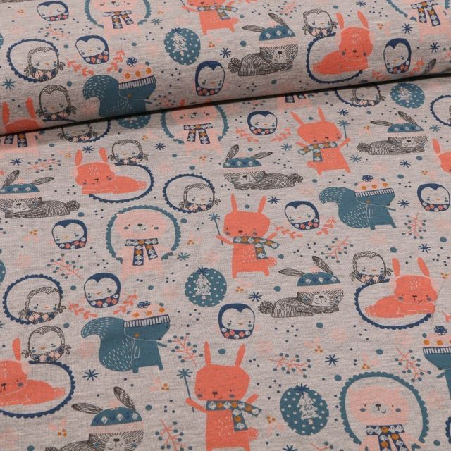 Tissu Jersey Coton Adorable animaux de la forêt sur fond Gris chiné - Par 10 cm