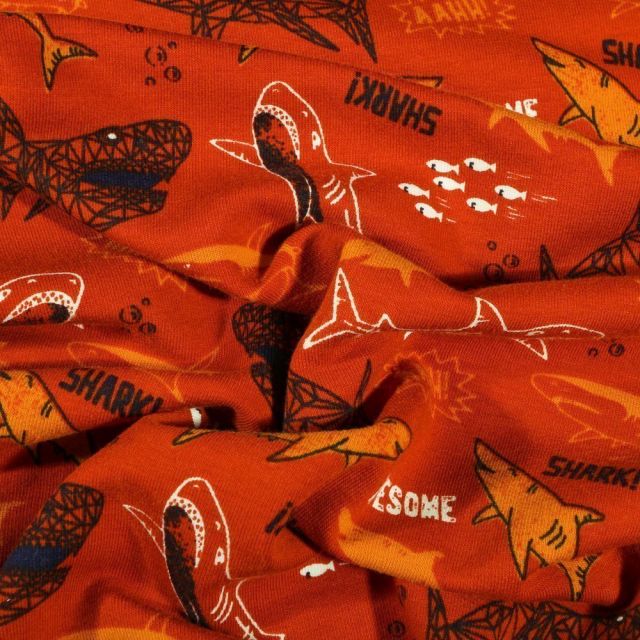 Tissu Jersey Coton Shark sur fond Orange - Par 10 cm