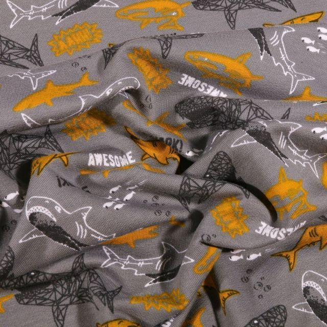 Tissu Jersey Coton Shark sur fond Gris - Par 10 cm