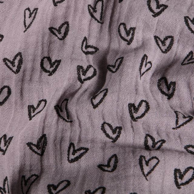 Tissu Double Gaze Cœurs dessinés sur fond Gris - Par 10 cm