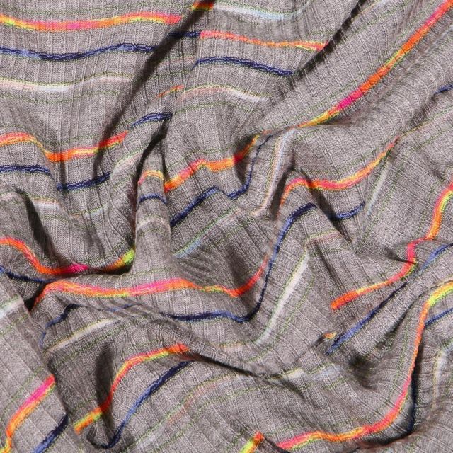 Tissu Jersey Viscose côtelé Rayures multicolores sur fond Gris chiné - Par 10 cm