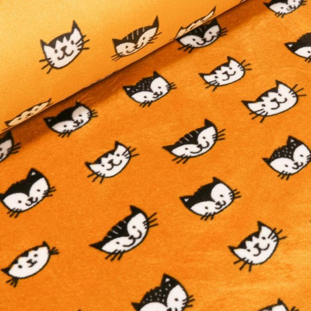 Tissu Jersey Velours Ultra doux Têtes de chats sur fond Jaune - Par 10 cm